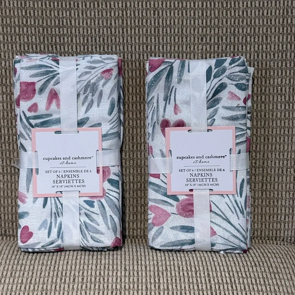 2 Packs Of 6 CUPCAKES & CASHMERE Glittery Cherry Heart Linen Table Napkins